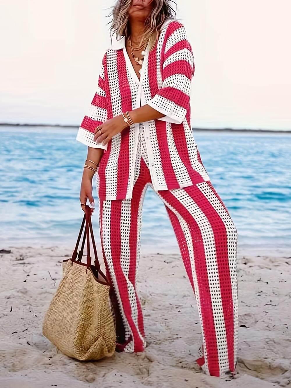 Sabbia – Completo Due Pezzi con Camicia a Righe Intagliata e Pantaloni a Gamba Larga