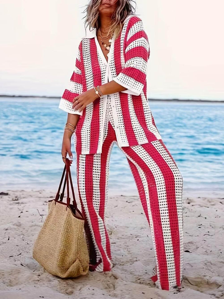 Sabbia – Completo Due Pezzi con Camicia a Righe Intagliata e Pantaloni a Gamba Larga