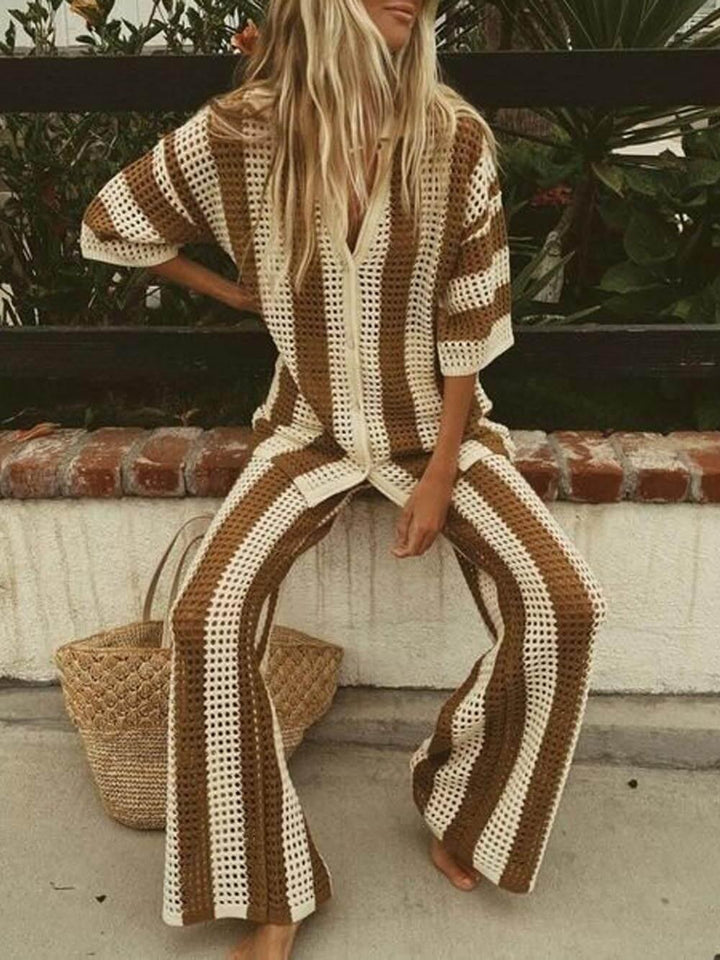 Sabbia – Completo Due Pezzi con Camicia a Righe Intagliata e Pantaloni a Gamba Larga