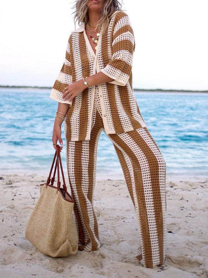 Sabbia – Completo Due Pezzi con Camicia a Righe Intagliata e Pantaloni a Gamba Larga