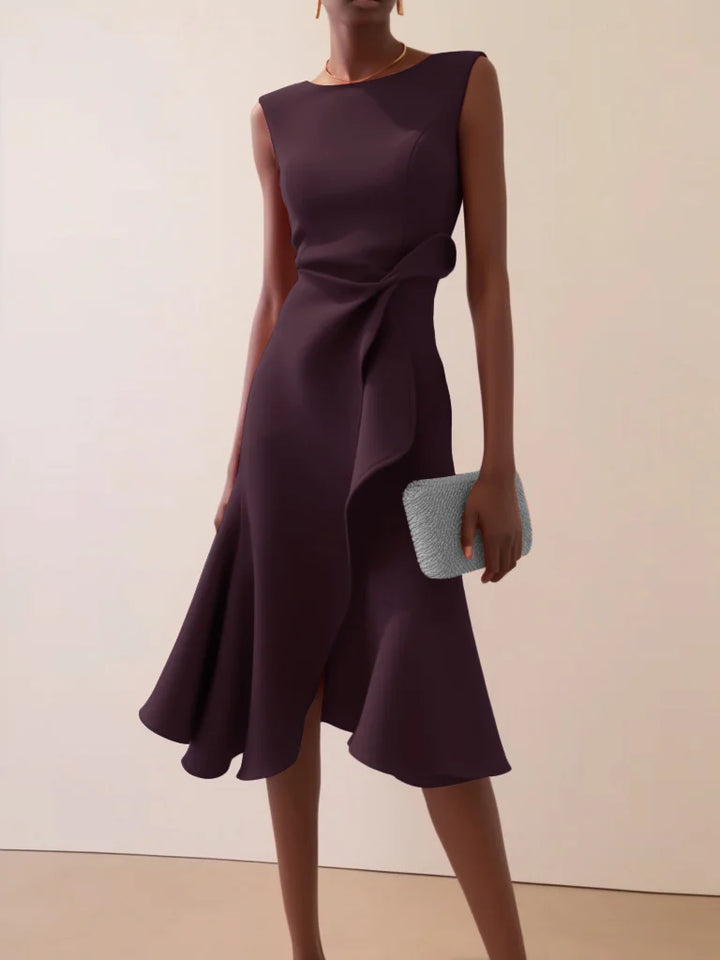 Abito Midi Elegante Senza Maniche con Nodo in Vita