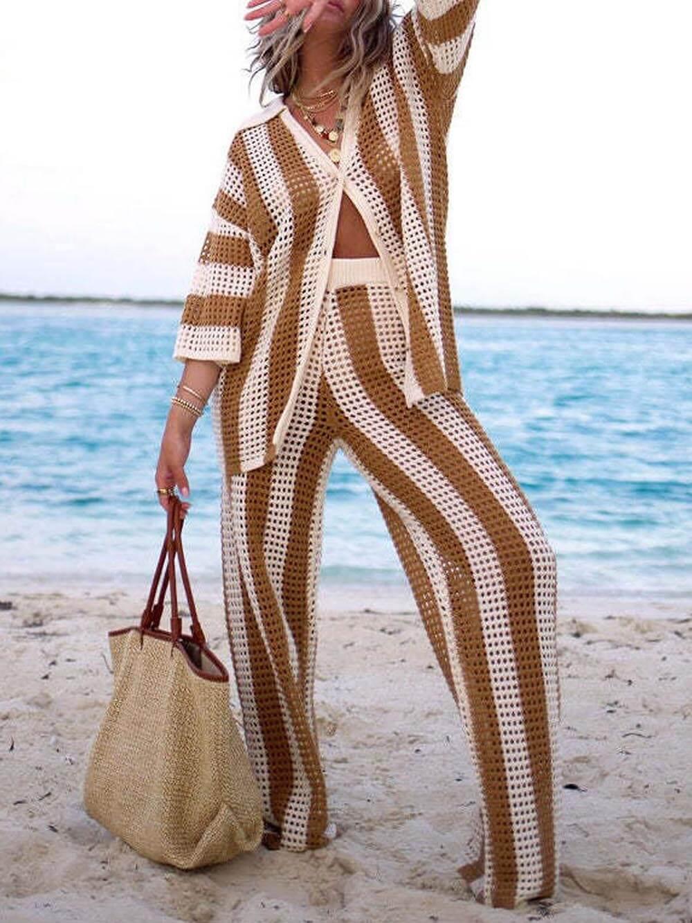 Sabbia – Completo Due Pezzi con Camicia a Righe Intagliata e Pantaloni a Gamba Larga