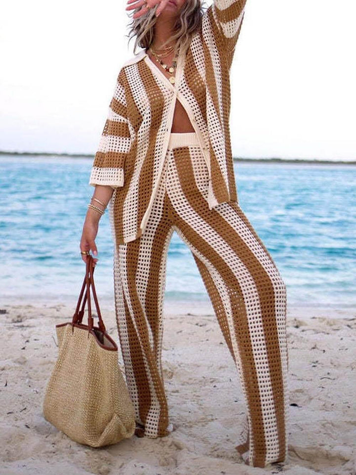 Sabbia – Completo Due Pezzi con Camicia a Righe Intagliata e Pantaloni a Gamba Larga