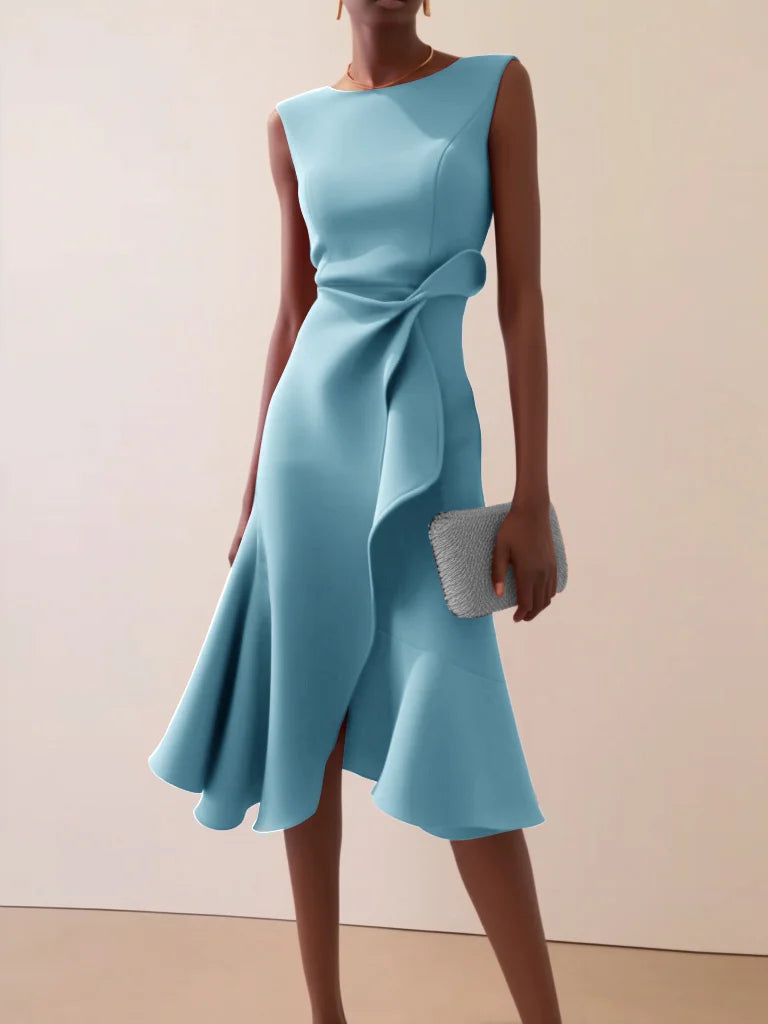 Abito Midi Elegante Senza Maniche con Nodo in Vita
