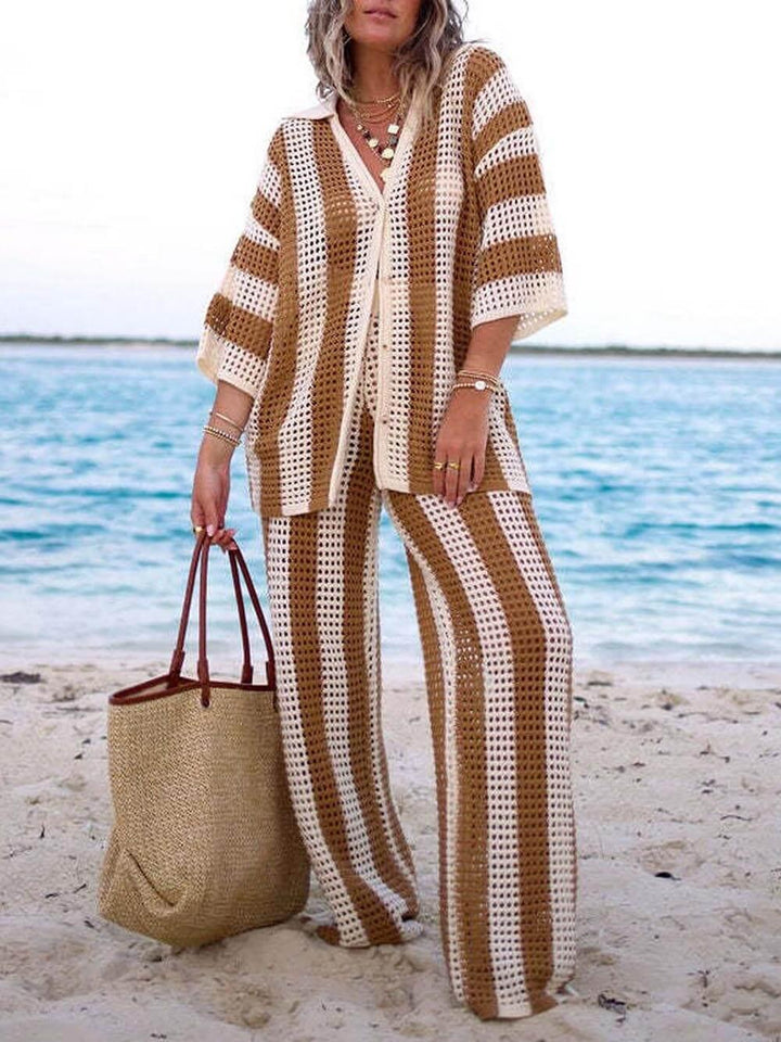 Sabbia – Completo Due Pezzi con Camicia a Righe Intagliata e Pantaloni a Gamba Larga