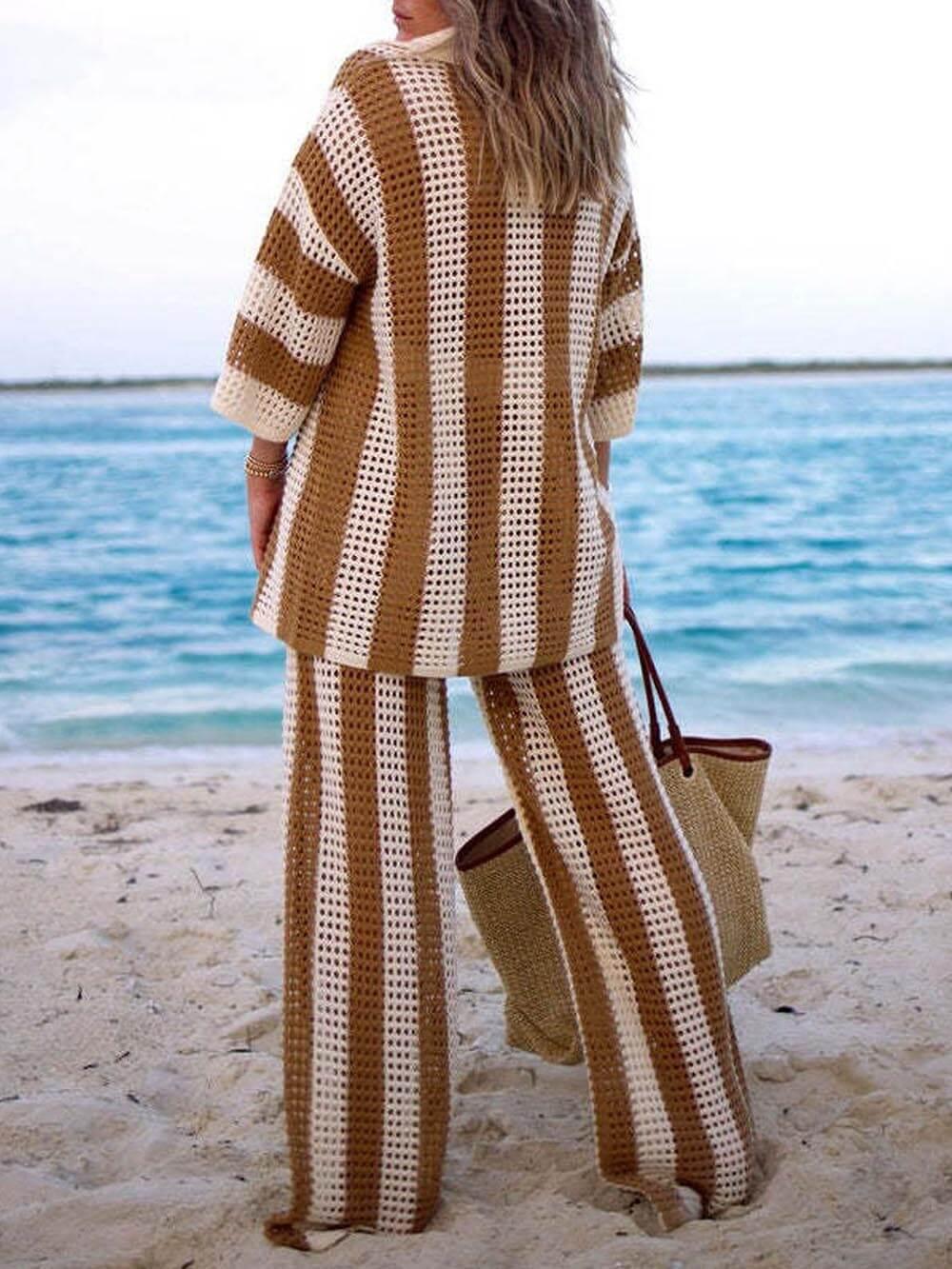 Sabbia – Completo Due Pezzi con Camicia a Righe Intagliata e Pantaloni a Gamba Larga