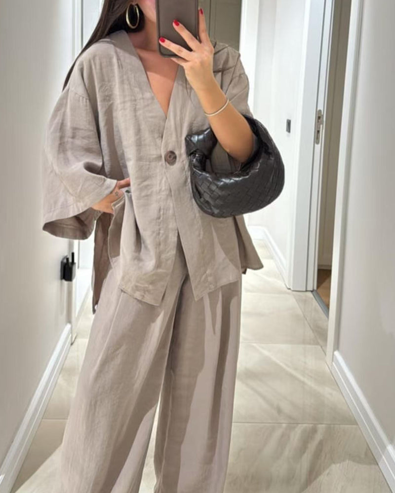 Completo Due Pezzi Casual con Top Scollo a V e Pantaloni Larghi