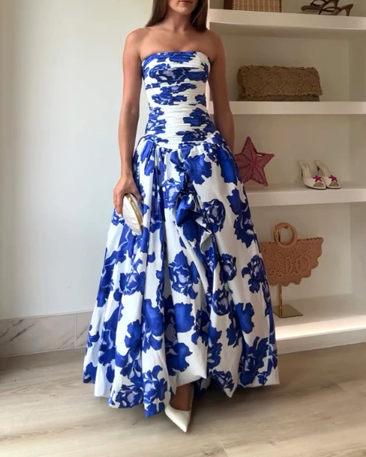Abito Lungo Senza Spalline con Stampa Floreale – Eleganza Romantica