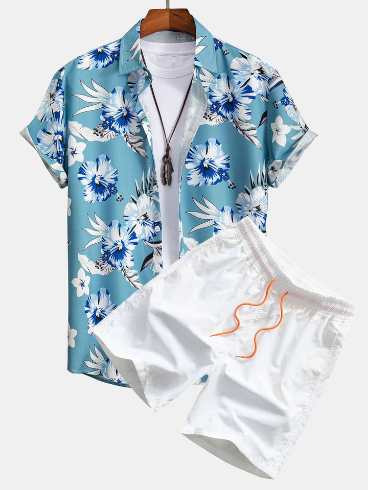 Completo Floreale Tropicale Nero con Camicia e Pantaloncini
