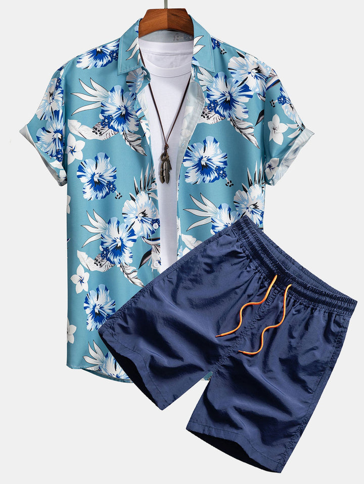 Completo Floreale Tropicale Nero con Camicia e Pantaloncini