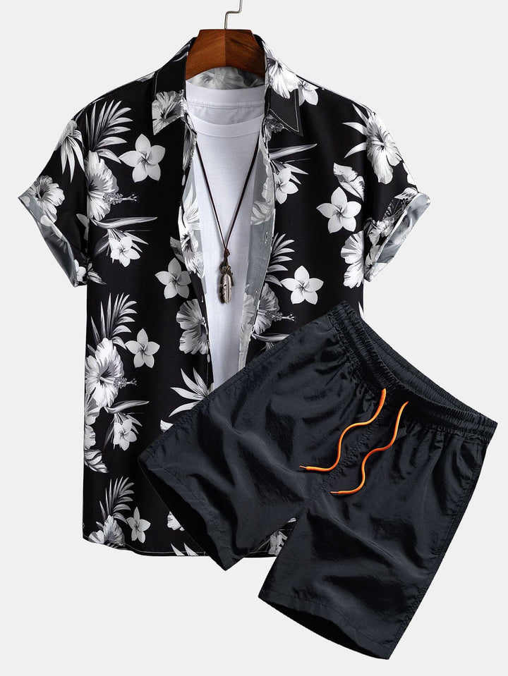 Completo Floreale Tropicale Nero con Camicia e Pantaloncini