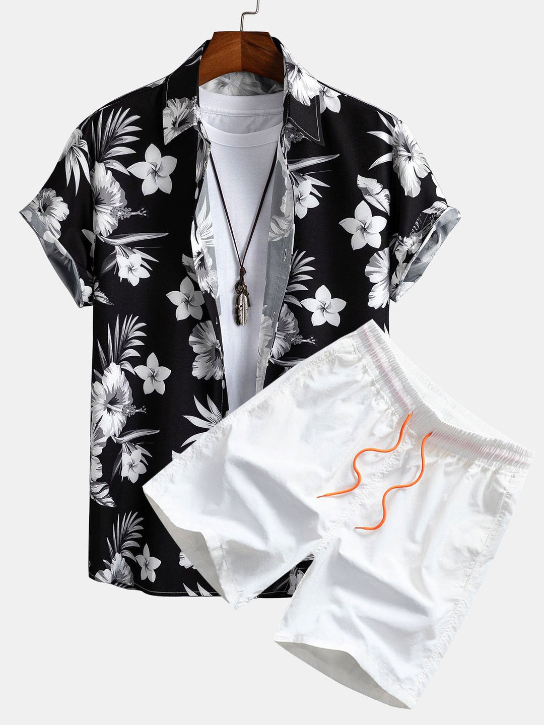 Completo Floreale Tropicale Nero con Camicia e Pantaloncini