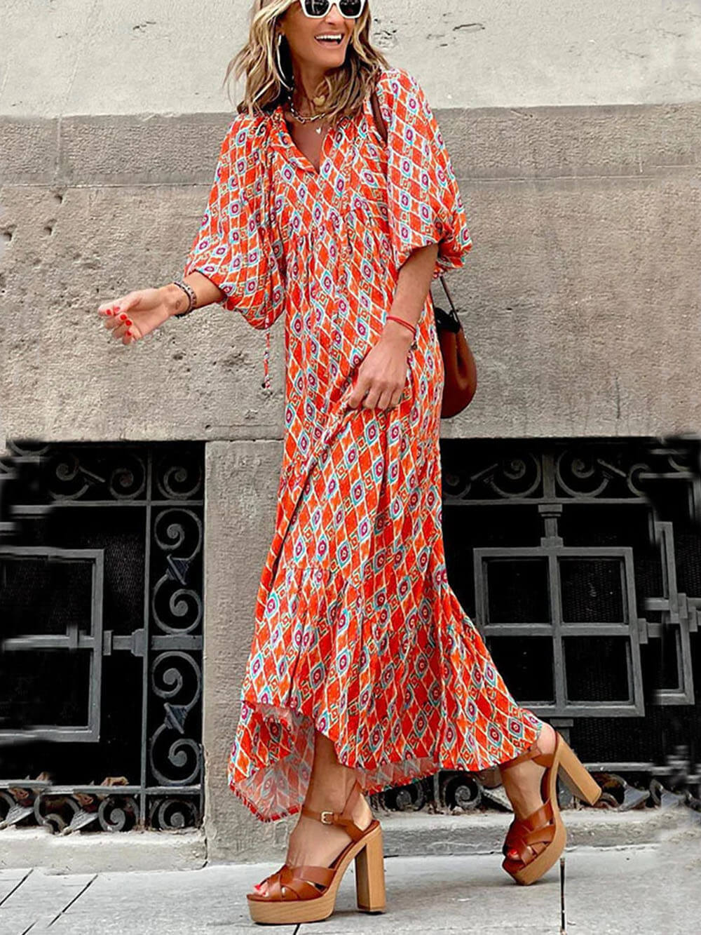 Abito Lungo Boho con Stampa Etnica