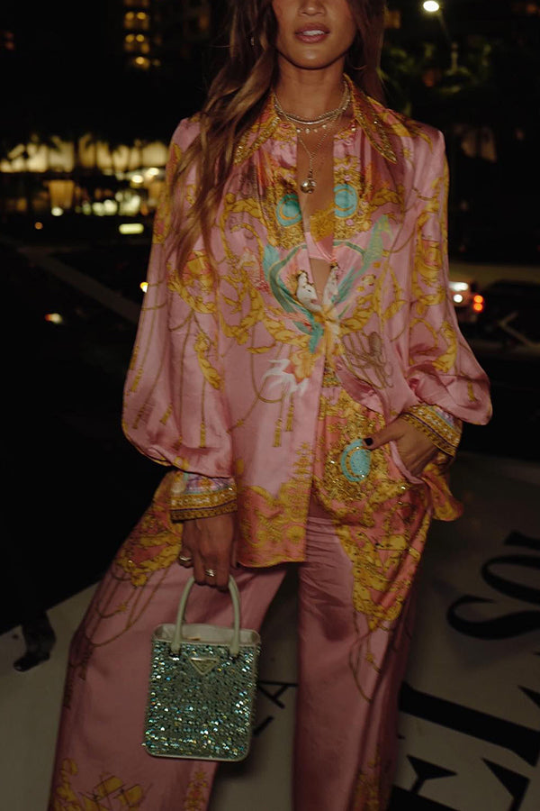 Completo “Mermaid Motel” con Camicia a Maniche Lunghe e Pantaloni a Vita Elasticizzata – Stampa Esotica