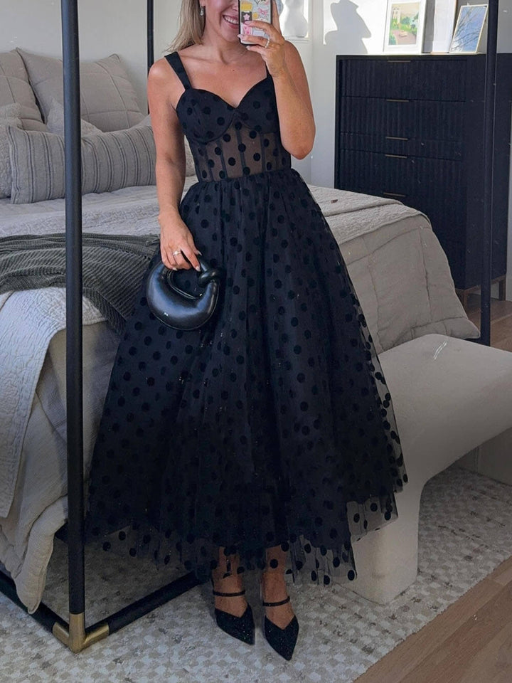 Abito Midi A-Linea con Bustier a Pois in Tulle – Eleganza e Fascino