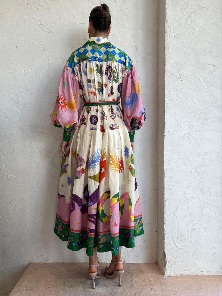Abito Lungo a Pieghe con Maniche Lunghe – Multicolore