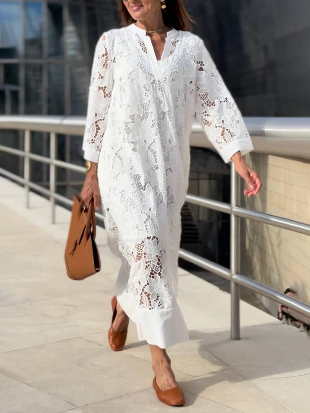Abito Midi in Pizzo Floreale con Maniche a Campana – Eleganza senza Sforzo