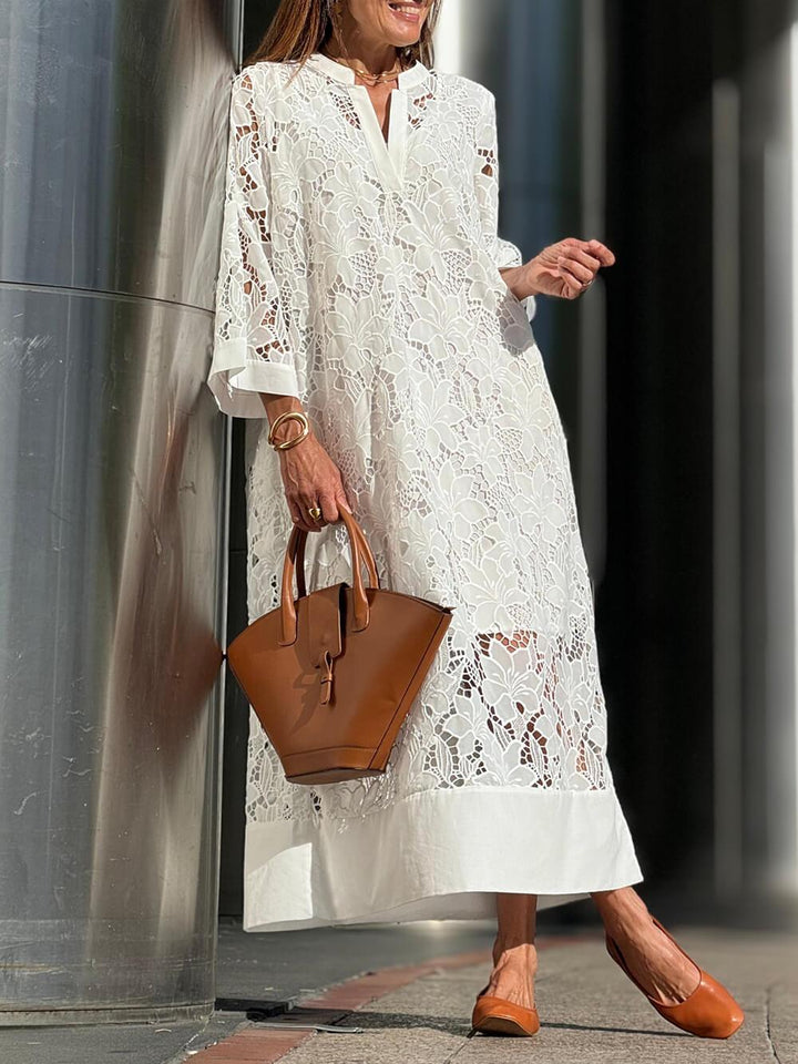 Abito Midi in Pizzo Floreale con Maniche a Campana – Eleganza senza Sforzo