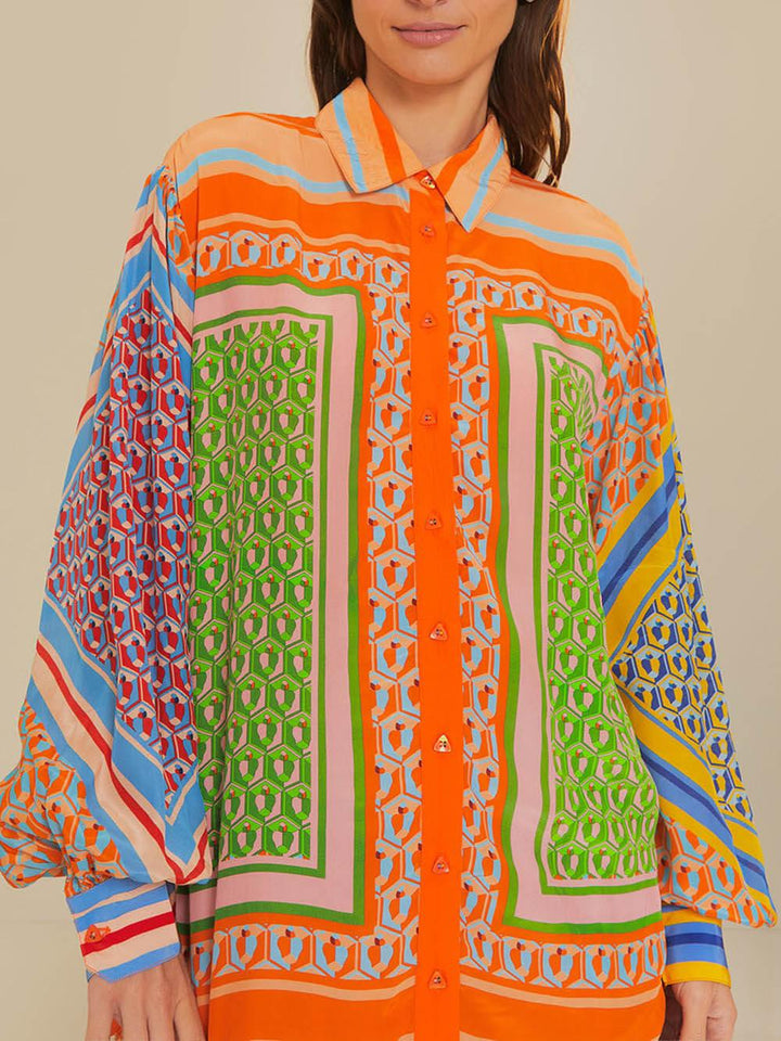 Positano – Completo Camicia Ampia con Maniche a Palloncino + Pantaloni Coordinati a Fantasia Vivace