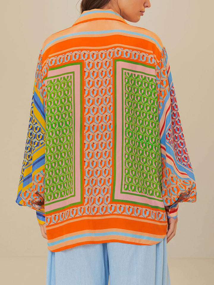 Positano – Completo Camicia Ampia con Maniche a Palloncino + Pantaloni Coordinati a Fantasia Vivace