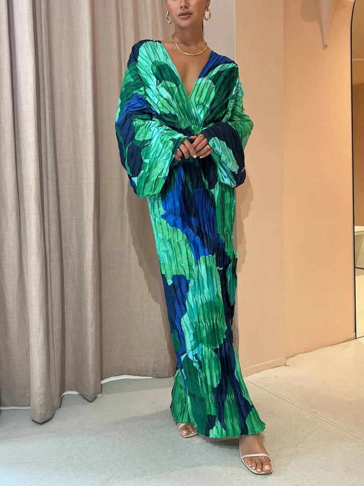 Abito Lungo Plissettato con Stampa Tropicale, Maniche Kimono e Spacco
