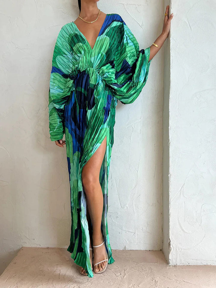 Abito Lungo Plissettato con Stampa Tropicale, Maniche Kimono e Spacco