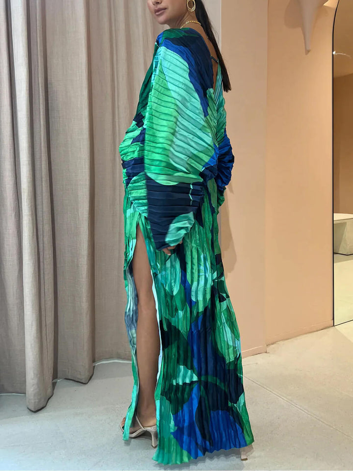 Abito Lungo Plissettato con Stampa Tropicale, Maniche Kimono e Spacco