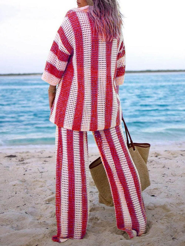 Sabbia – Completo Due Pezzi con Camicia a Righe Intagliata e Pantaloni a Gamba Larga