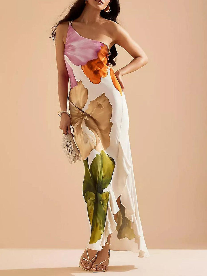 Abito Lungo Monospalla con Stampa Floreale – Eleganza Senza Tempo