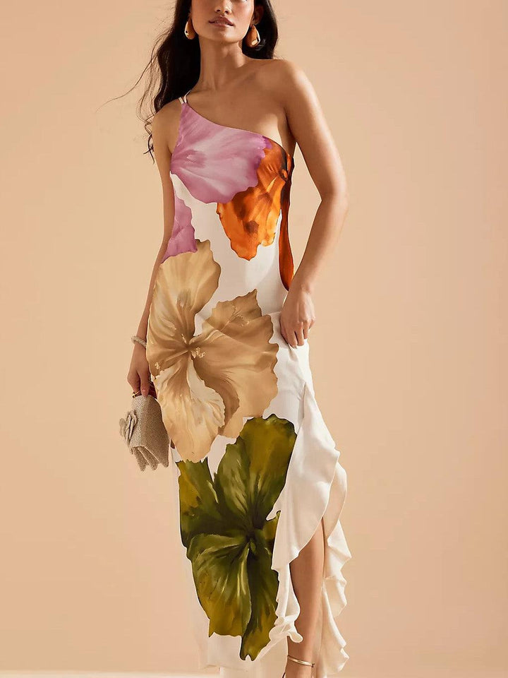 Abito Lungo Monospalla con Stampa Floreale – Eleganza Senza Tempo