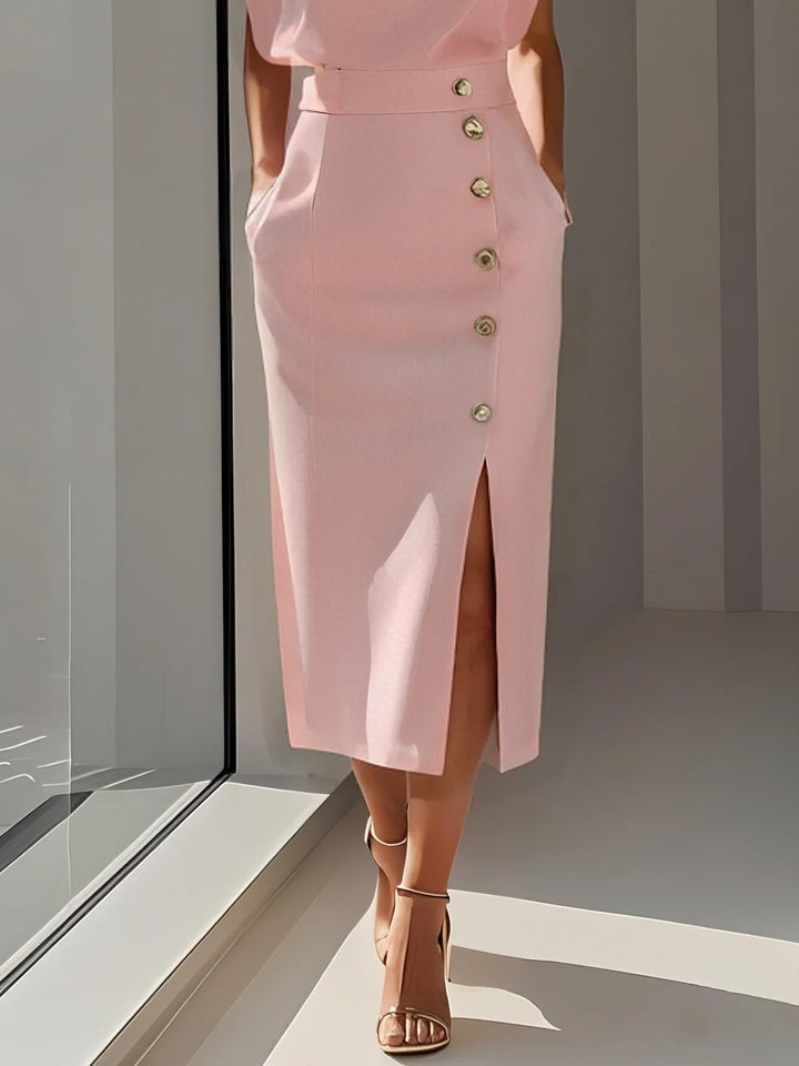 Abito Midi Elegante con Spacco e Bottoni – Girocollo, Vestibilità Attillata