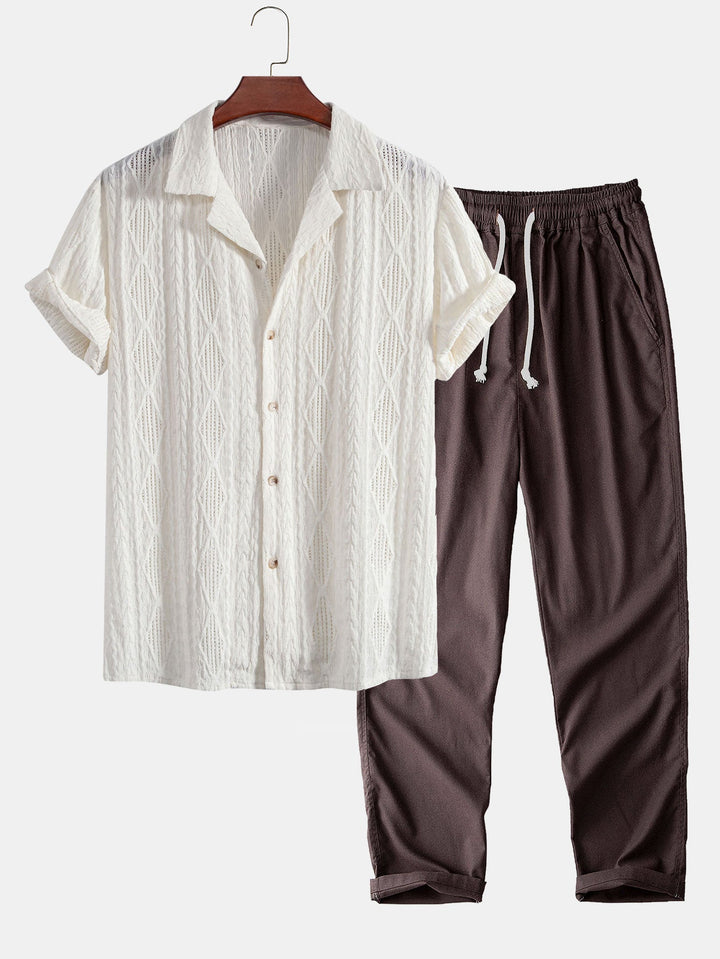 Completo Estivo con Camicia Jacquard Geometrica e Pantaloni in Lino