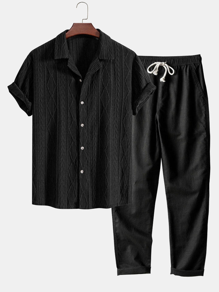Completo Estivo con Camicia Jacquard Geometrica e Pantaloni in Lino