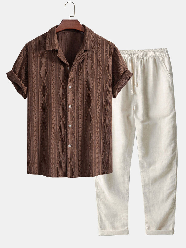 Completo Estivo con Camicia Jacquard Geometrica e Pantaloni in Lino