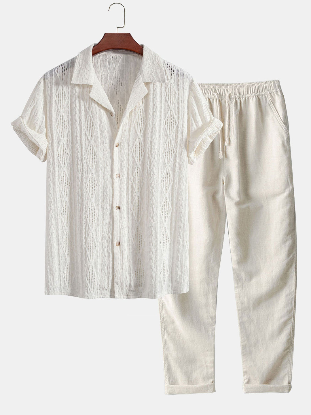 Completo Estivo con Camicia Jacquard Geometrica e Pantaloni in Lino