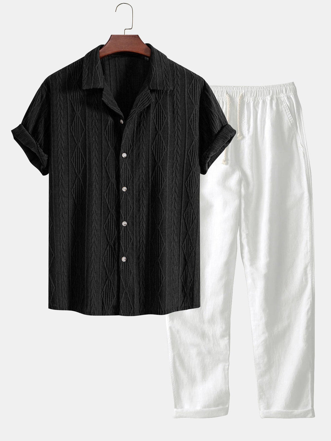 Completo Estivo con Camicia Jacquard Geometrica e Pantaloni in Lino