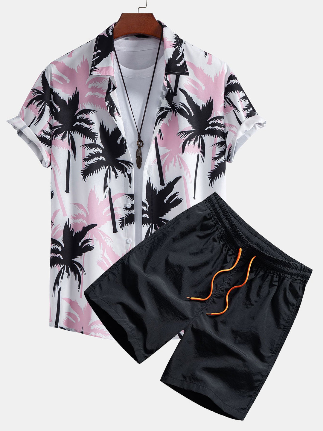 Completo Tropicale Rosa con Camicia a Palma e Pantaloncini Abbinati