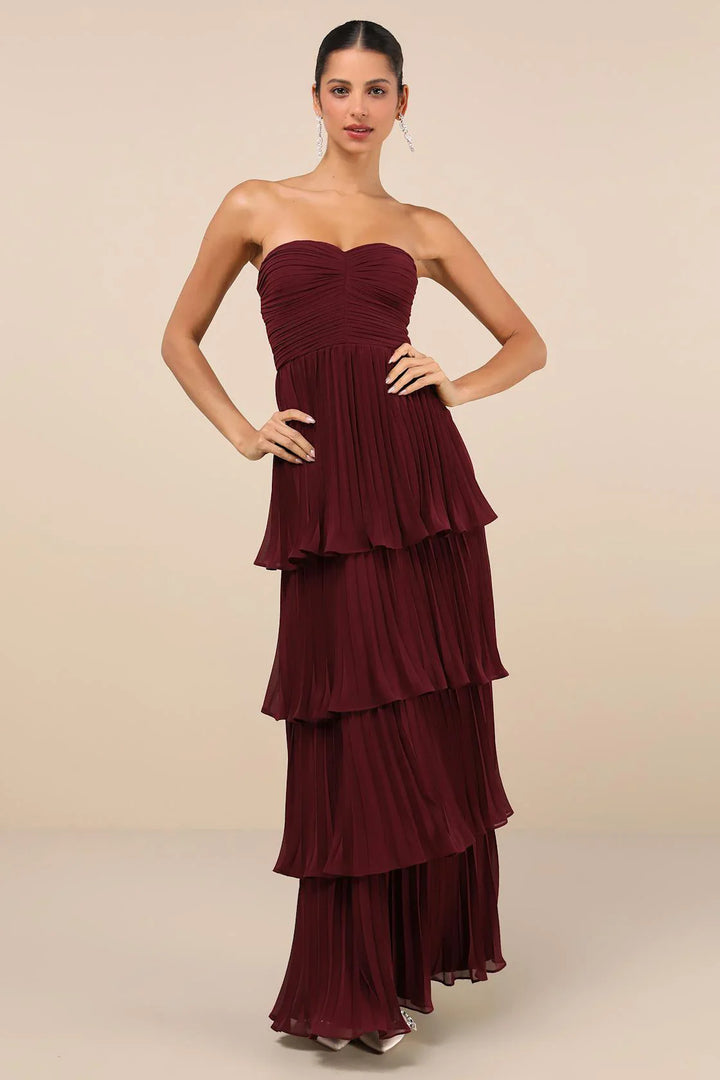 Abito Maxi a Balze Senza Spalline – Prugna Elegante