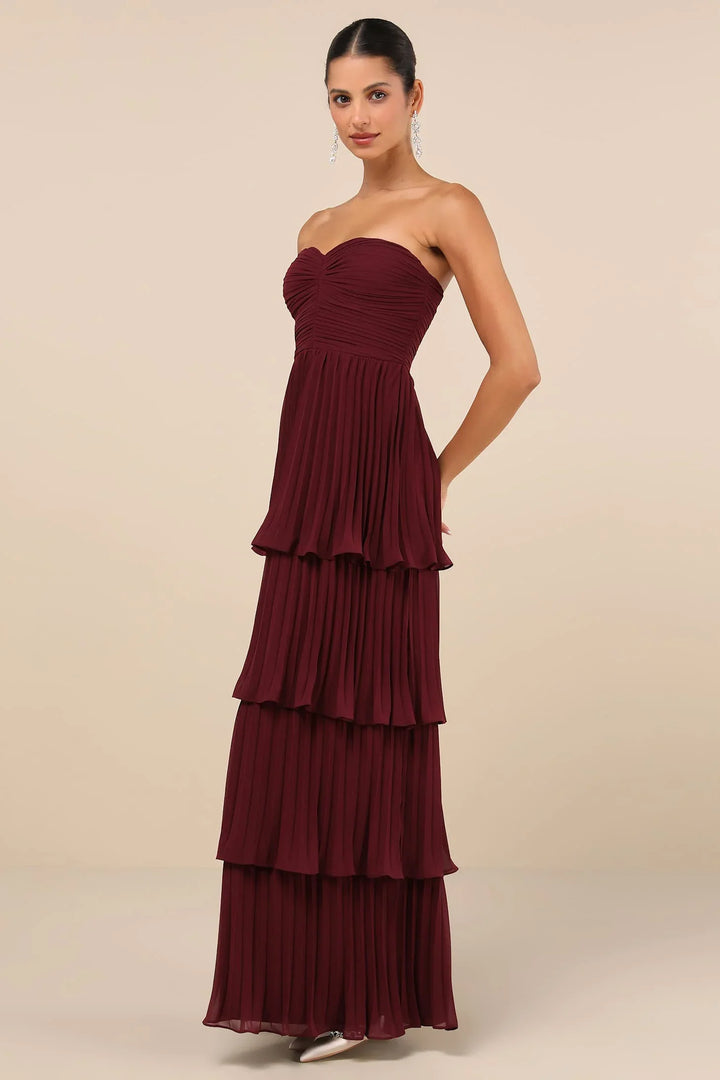 Abito Maxi a Balze Senza Spalline – Prugna Elegante