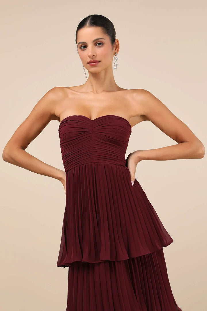 Abito Maxi a Balze Senza Spalline – Prugna Elegante