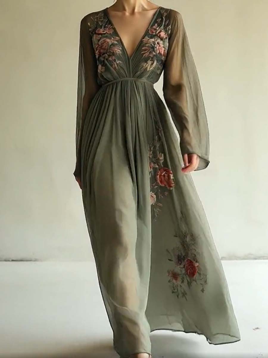 Vestito Maxi con Scollo a V e Stampa Floreale Popolare