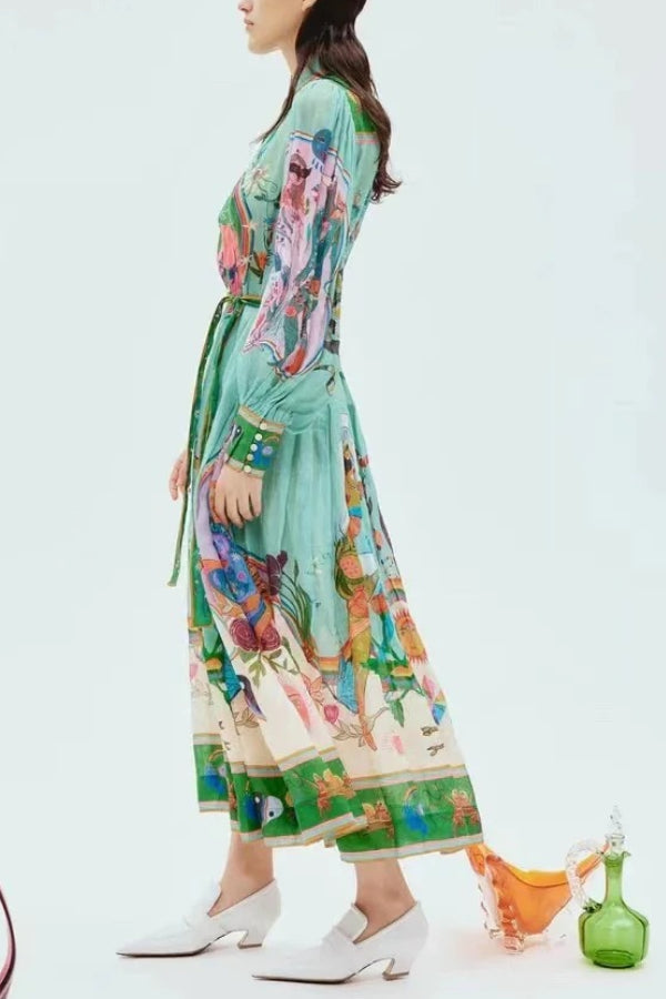 Abito Camicia Midi con Stampa Artistica, Maniche a Palloncino e Cintura in Contrasto