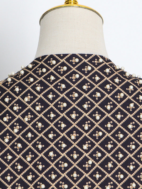 Blazer Stile Vintage con Perline e Stampa – Maniche Lunghe e Scollo a V
