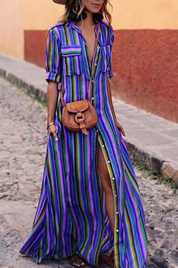 Bohemian – Abito Lungo a Righe Multicolore Stile Boho