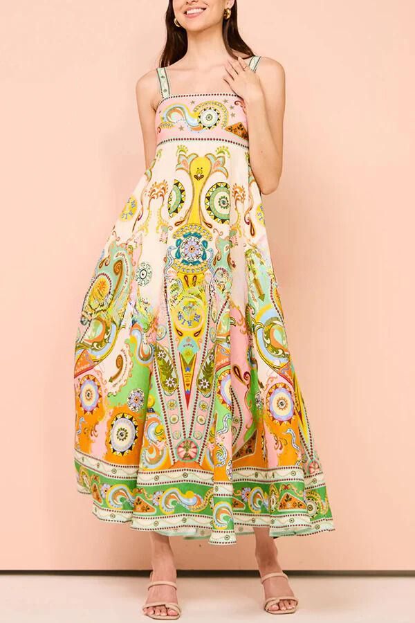 Abito Maxi con Spalline Annodate e Stampa Esclusiva