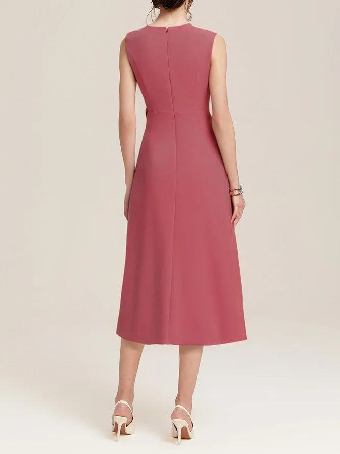 Abito Midi Elegante Senza Maniche con Nodo in Vita