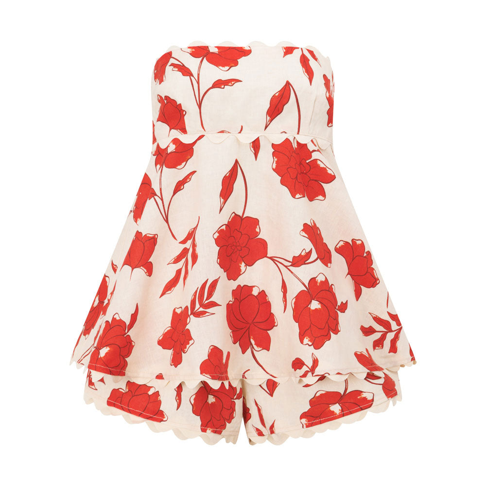 Rosella – Completo Floreale con Top a Balza e Pantaloncini a Vita Elasticizzata con Bordo Ondulato