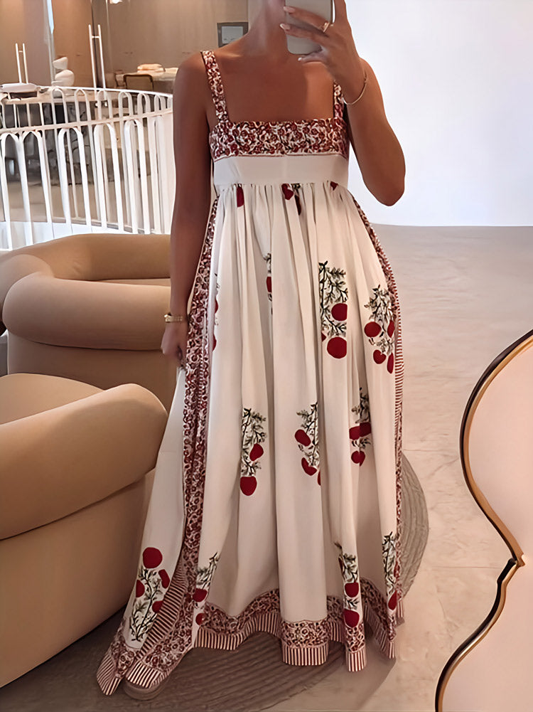 Abito Lungo con Stampa Floreale e Scollo Quadrato | Eleganza Naturale e Stile Romantico