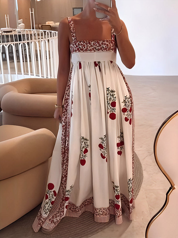 Abito Lungo con Stampa Floreale e Scollo Quadrato | Eleganza Naturale e Stile Romantico