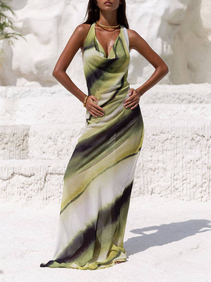 Abito Lungo da Vacanza con Stampa Tie-Dye e Scollo all’Americana